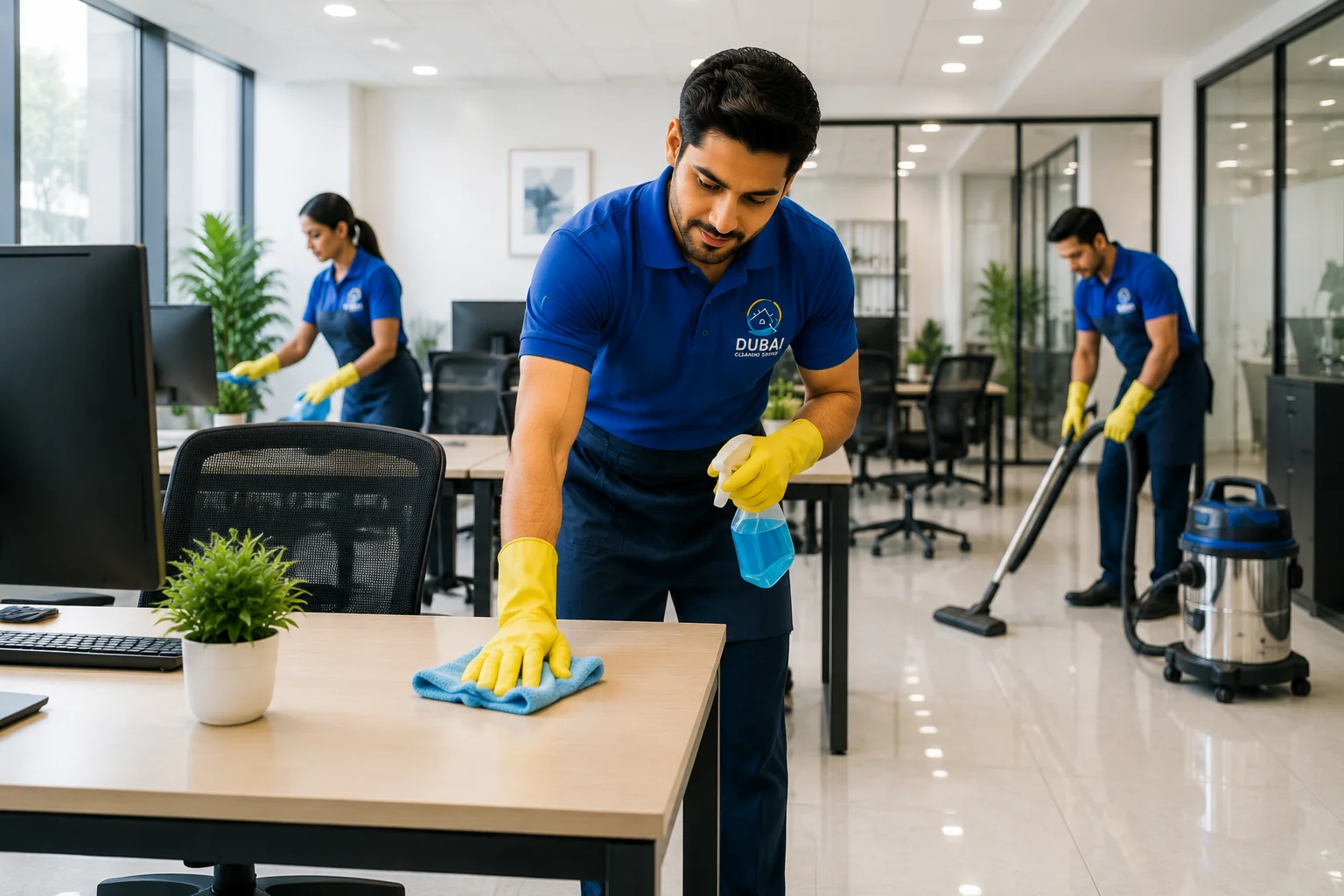 Office cleaning professionals maintaining a clean workplace in Dubai