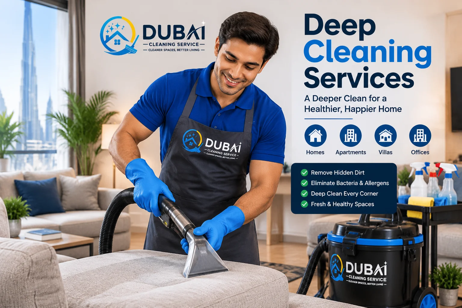 Deep Cleaning Services Dubai professional cleaner removing dirt from sofa in modern home