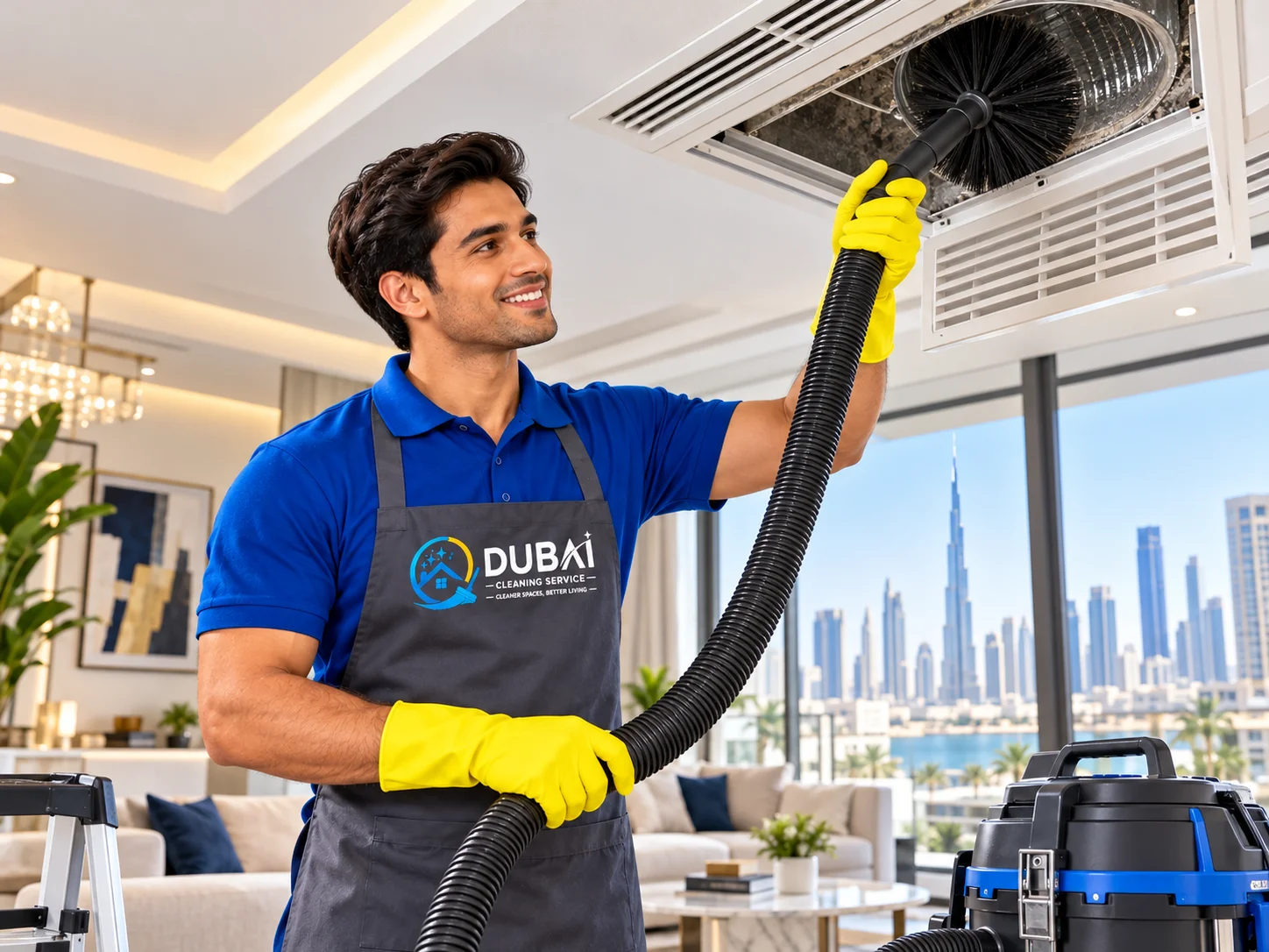 Dubai Cleaning Service technician cleaning ceiling AC duct inside a modern Dubai apartment with skyline view