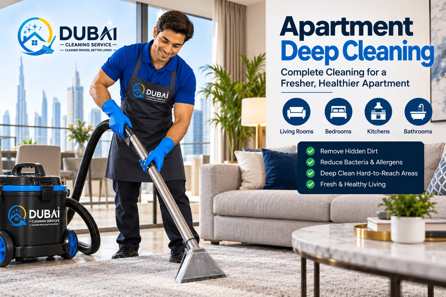 Apartment deep cleaning services Dubai with trained cleaner using professional cleaning equipment in modern home