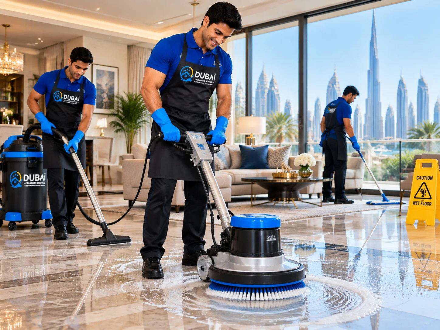 Floor deep cleaning service in Dubai luxury apartment.