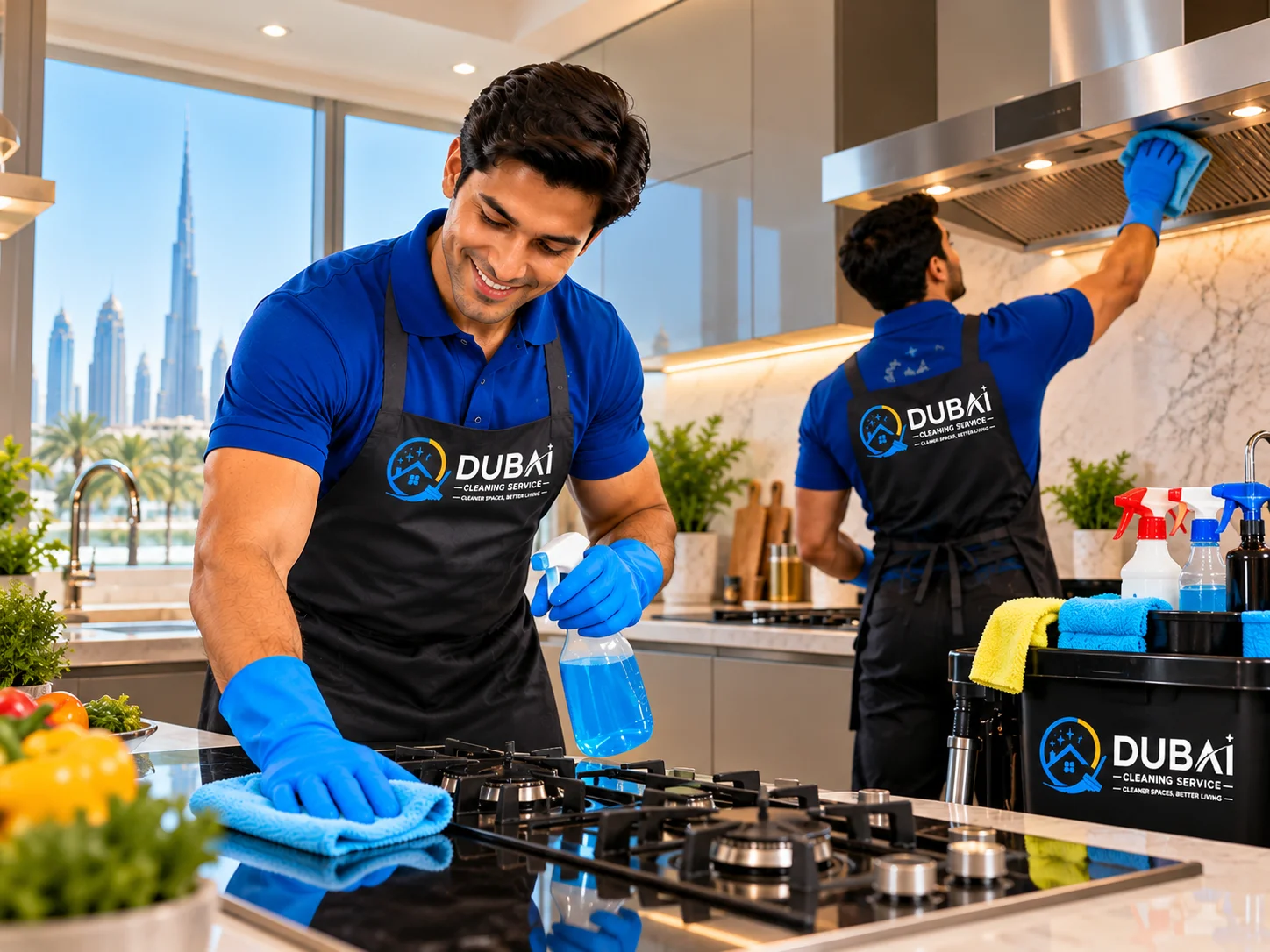 Two Dubai Cleaning Service cleaners wearing blue uniforms deep cleaning a modern Dubai kitchen, including the stovetop and stainless steel extractor hood.