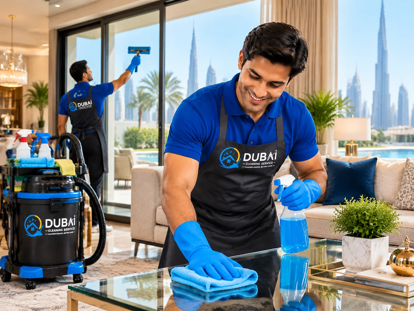 Dubai Cleaning Service professional cleaner wiping a glass table during villa deep cleaning in Dubai.