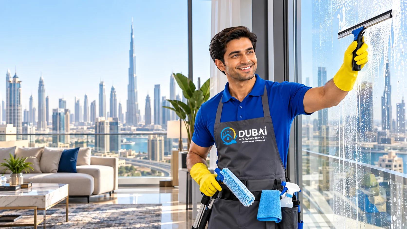 Professional window cleaning services in Dubai with branded cleaner using a squeegee on large glass windows