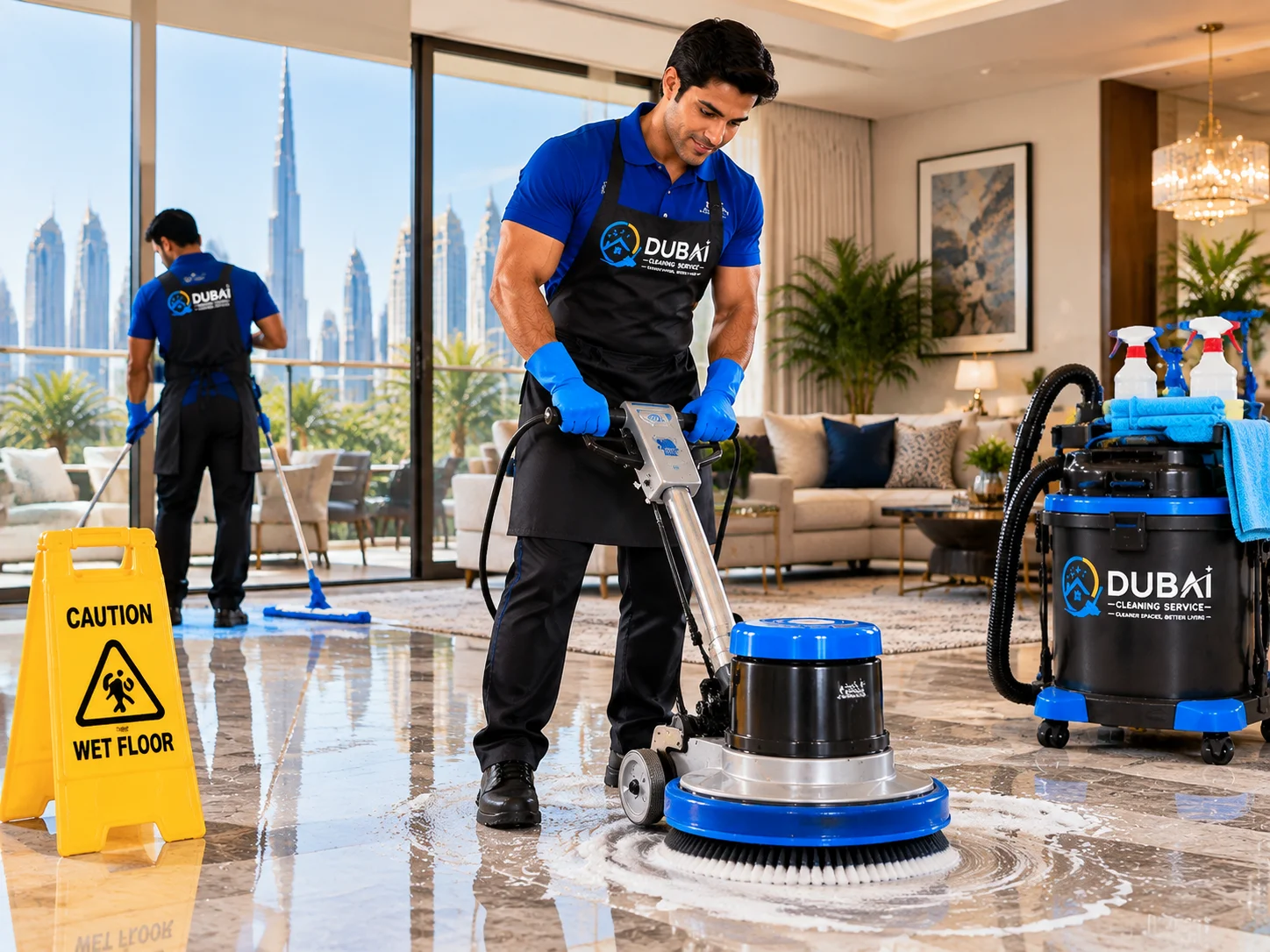 Professional floor scrubbing service in Dubai with branded cleaning equipment.