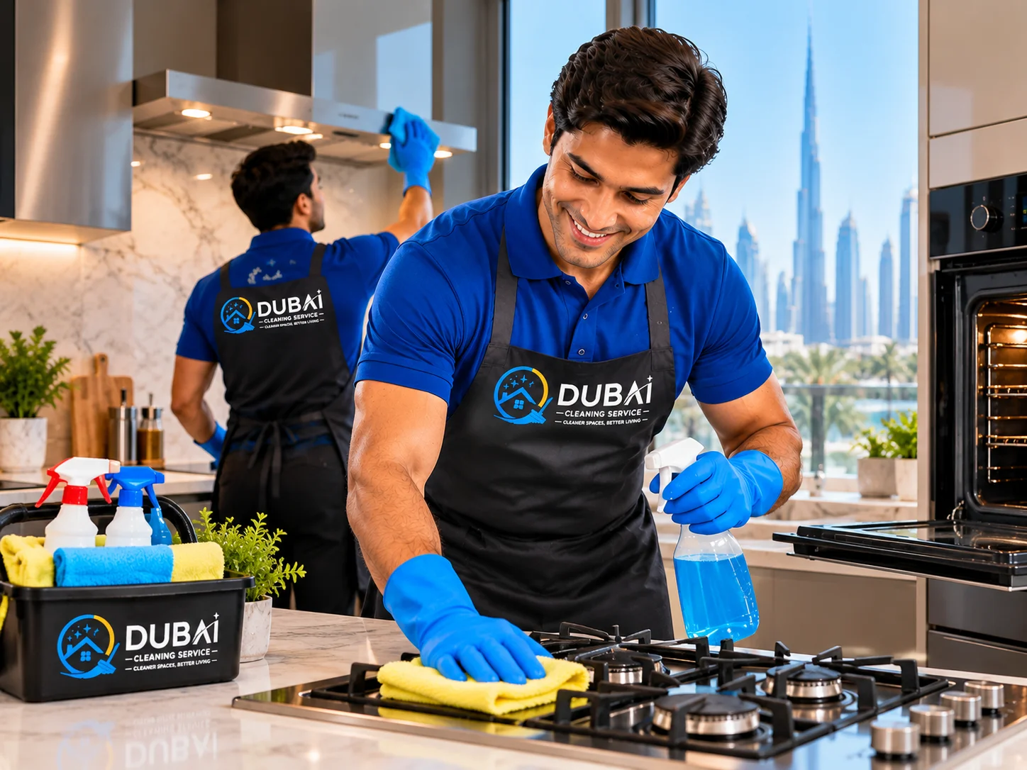 Dubai Cleaning Service professionals performing kitchen deep cleaning in Dubai, removing grease from a gas hob and cleaning the extractor hood.