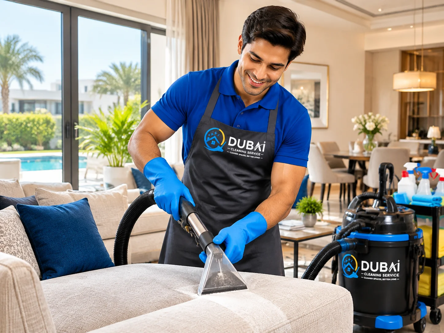 Dubai Cleaning Service professional cleaner performing villa deep cleaning on a sofa in a modern Dubai villa