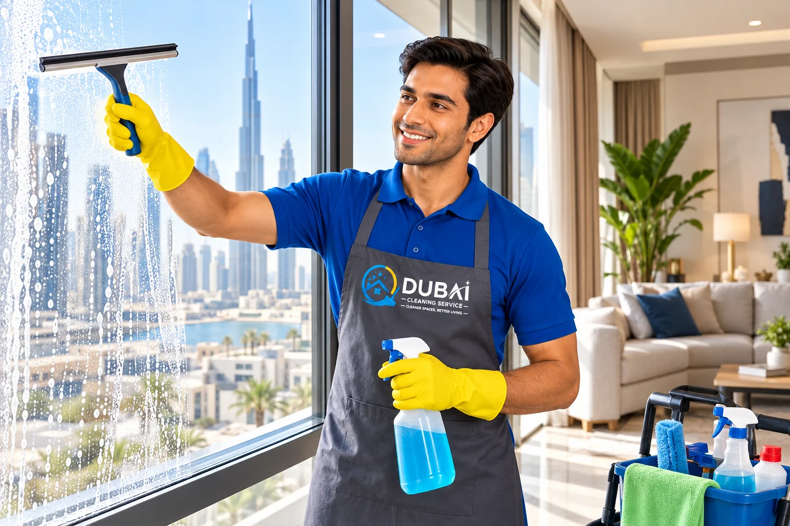 Dubai Cleaning Service professional cleaner washing floor-to-ceiling windows with Dubai skyline view